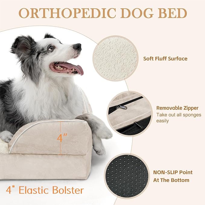 Comfort Expression Orthopedic Dog Bed for Large Dogs 38x25 Inch, Waterproof Supportive Egg Crate Foam Large Pet Bed with Removable Bolsters, Dog Couch with Washable Cover & Non-Slip Bottom, Beige