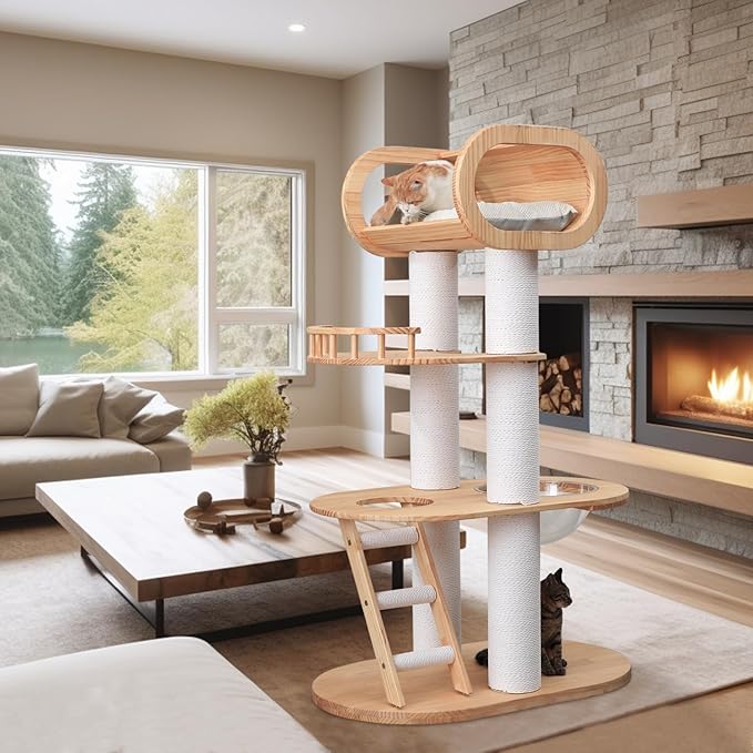 63'' Tall Solid Wood Modern Cat Tree Tower for Indoor Large Cats,Multi-Level Heavy Duty Cat Furniture with Condo Removable Cushion Sisal Scratching Posts Clear Bowl Hammock for Maine Coon