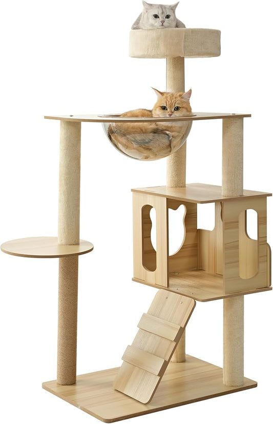 EUREKA ERGONOMIC Cat Tree Tower, 46.5 Inch Modern Cat Tower with Scratching Post, Multi-Level Large Cat Condo Wooden Cat Stand with House, Pompoms, Cat Tree with Scratch Pad (Yellow)