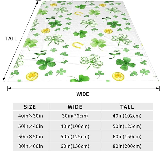 Greens Clovers St. Patrick's Day Blanket, Ireland Lucky Shamrock Throw Blanket, Gold Coin Horseshoe Fleece Blanket, Lightweight Soft Warm Flannel Blanket for Couch Sofa Chair, 50 x 60 Inch