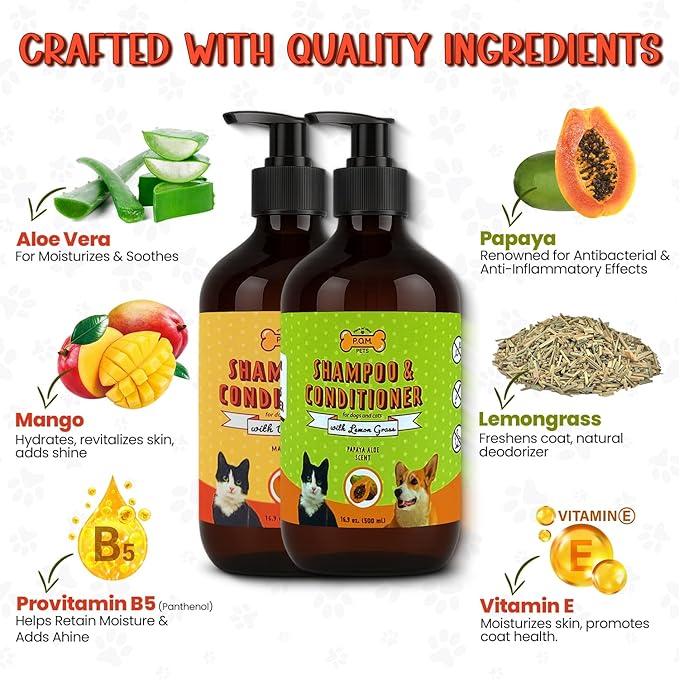 POM Pets 2 Pack 2-in-1 Organic Dog Shampoo & Conditioner – Itchy Skin Relief, Dog Deshedding, Detangles Fur, Cat Shampoo, Paw Cleaner for Dogs, Natural Coat Defense Formula