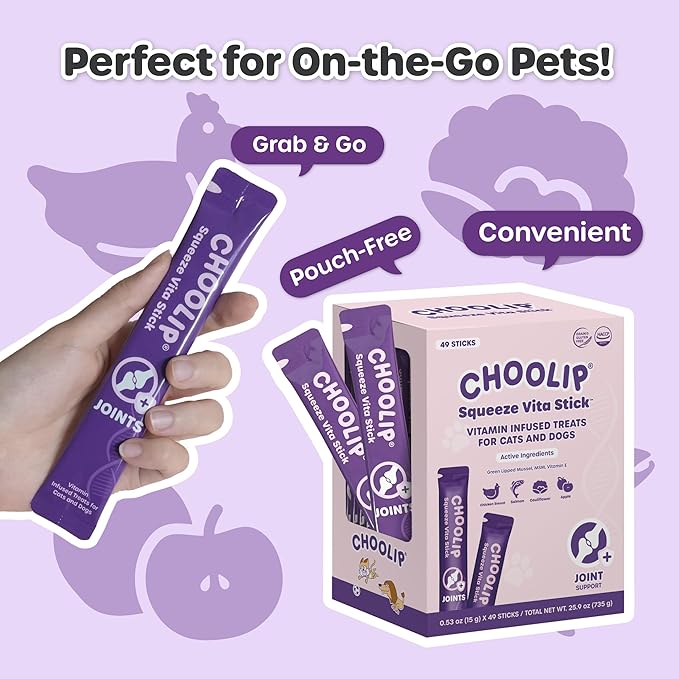Choolip Squeeze Vita Stick Lickable Cat and Dog Treats – 49-Count Joint Support Sticks with Multivitamins, Soft Squeezable Paste for All Life Stages, Supporting Joint Health