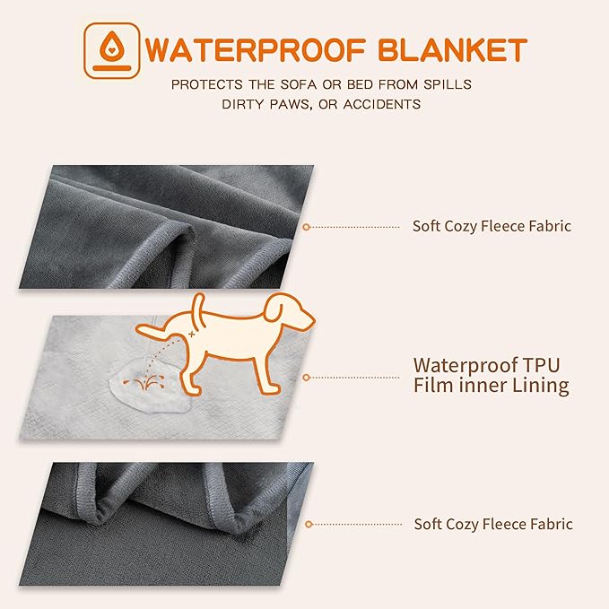 Water Proof Blanket 50x60 Inches - Reversible Flannel Blanket for Bed, Sofa,Couch- Spillproof, Leakproof Soft Double-Sided Dark Grey Throw Blanket for Adults, Pets, Couples