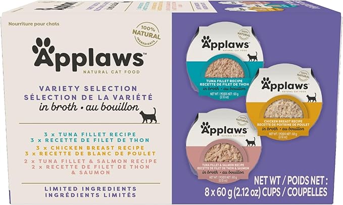 Applaws Natural Wet Cat Food in Broth, Limited and Natural Ingredients, High Protein with No Artificial Additives, Variety Pack in Broth (8 x 2.12 oz Easy-Open Cups)