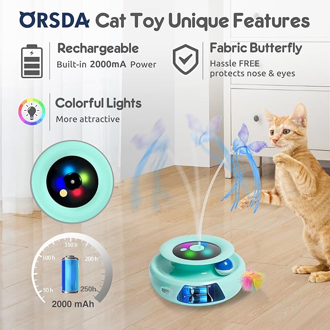 ORSDA Cat Toy, 3-in-1 Automatic Interactive Electronic Moving Ambush Feather, Fluttering Butterfly, Track Balls, USB Rechargeable Powered Smart Indoor Exercise Kicker