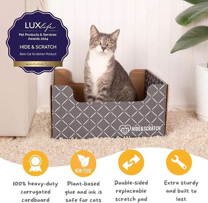HIDE & SCRATCH Cat Scratcher Box and Cat Bed with Refillable Double-Sided Cardboard Scratch Pad for Indoor Cats (2 Cat Pack)
