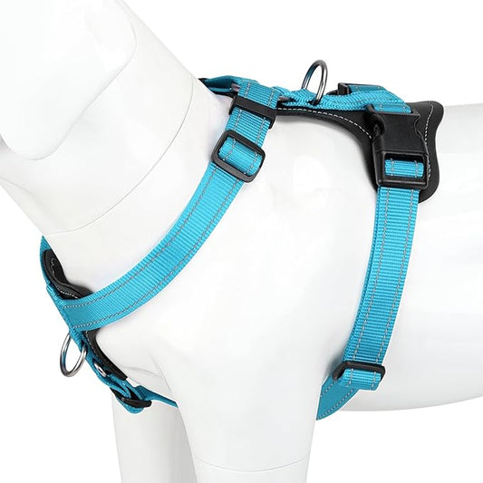 Plutus Pet Adjustable No Pull Dog Harness with Leather Accents, Heavy Duty Reflective Nylon Vest for Training, Hiking, Easy Walk Harness for Small, Medium, Large Dogs (Light Blue, L)