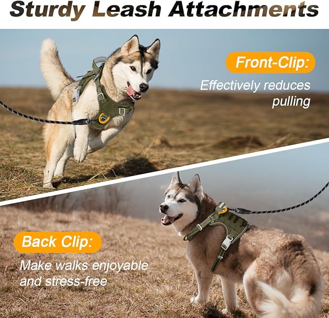 BARKBAY Service Dog Vest Tactical Dog Harness Medium Large Sized Dog Tags Personalized No Pull Adjustable Harness Reflective K9 Working Training Easy Control Military MolleSystem(Army Green,L)