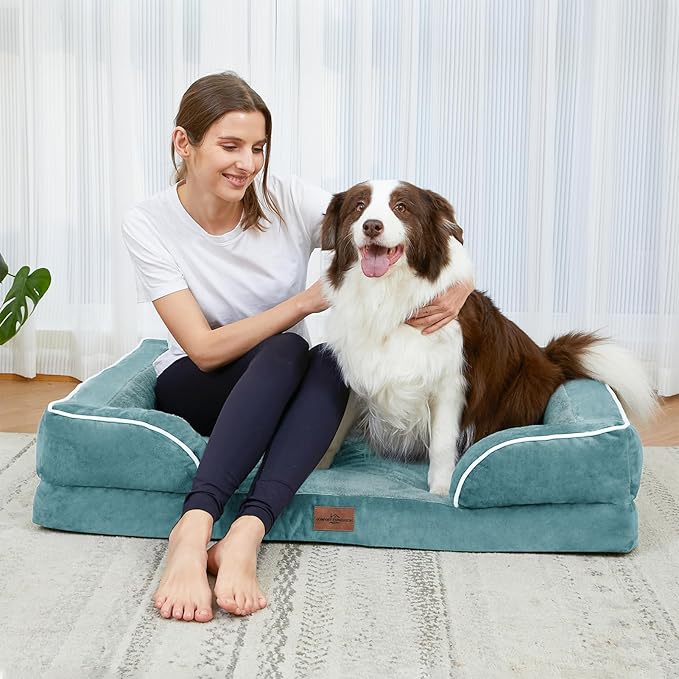 Comfort Expression Orthopedic Dog Bed for Small Dogs 24x16 Inch, Waterproof Supportive Egg Crate Foam Small Pet Bed with Removable Bolster, Dog Couch with Washable Cover & Non-Slip Bottom, Washed Blue