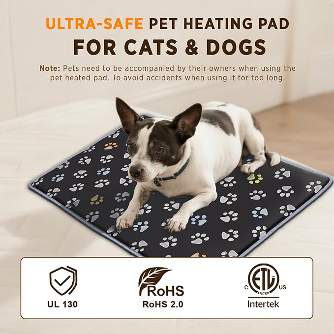 furrybaby Pet Heating Pad, Waterproof Dog Heating Pad Mat for Cat with Durable Anti-Bite Tube Indoor for Puppies Dogs Cats (1 Pack Black, 24 X 16in, Temp Adjustable)