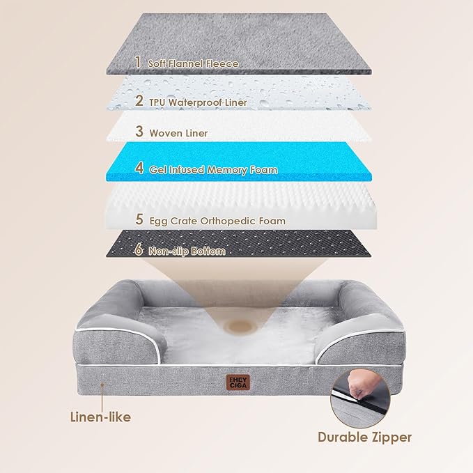 EHEYCIGA Orthopedic Dog Beds for Large Dogs, Waterproof Memory Foam Large Pet Bed with Sides, Non-Slip Bottom and Egg-Crate Foam Dog Couch Bed with Washable Removable Cover, Grey