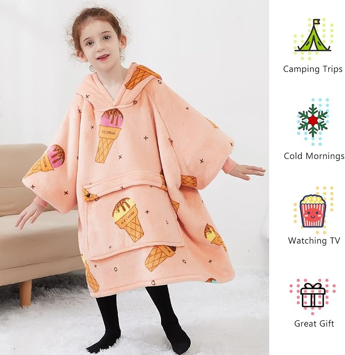 KFUBUO Wearable Blanket Hoodie for Kids Sherpa Patterns Oversized Sweatshirt Blanket With Pocket 6-10 Year Old Girl Birthday Gifts Ice Cream
