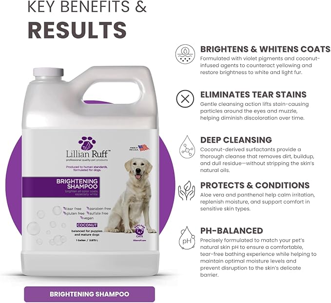 Lillian Ruff PRO Formula Ultra Brightening Dog Shampoo - Professional Whitening & Long-Lasting Odor Eliminator, Remove Stains & Discoloration, Dry Skin & Itch Relief - Aloe & Provitamin B5 Gallon+Pump
