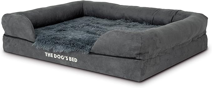 The Dog’s Bed, Large Grey Fur, Memory Foam, Pain Relief: Arthritis, Hip & Elbow Dysplasia, Post Surgery, Lameness, Supportive, Calming, Waterproof Washable Cover
