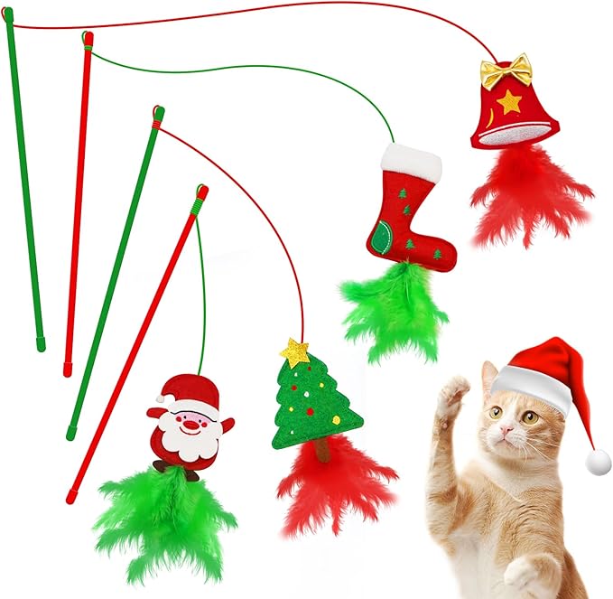 Christmas Cat Toys，4 Pack Cat Wand Toys for Indoor Cats Gifts with Catnip and Feathers, Wand for Cats and Kitten