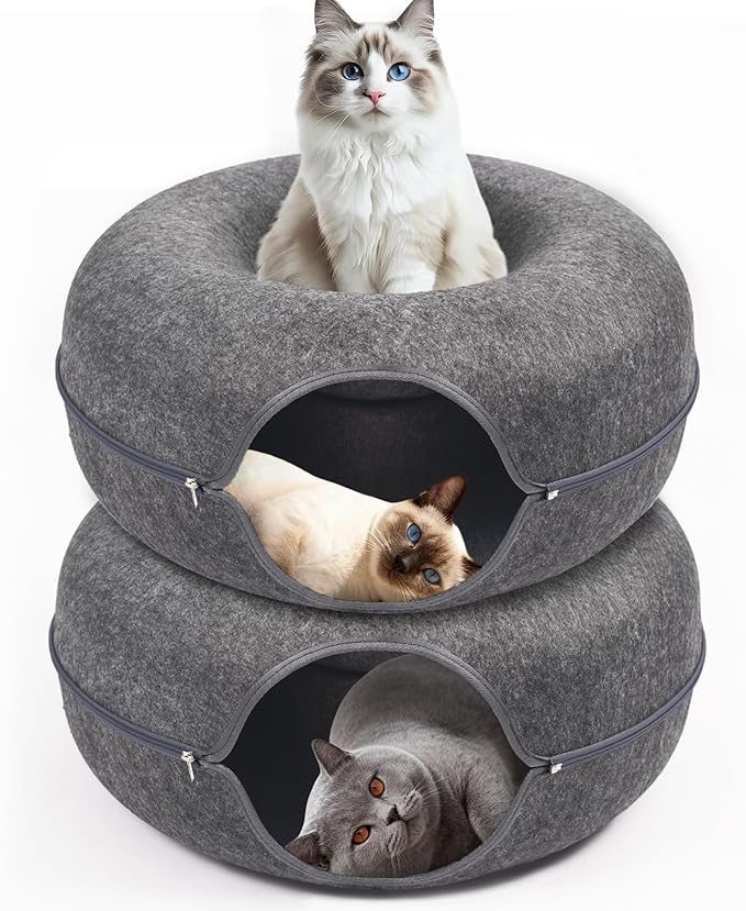 Cat Caves for Indoor Cats, Large Cat Tunnel for Multiple & Large Cats, Scratch Detachable Cave Bed, Kitten Donut Kitty Hideaway Up to 45 Lbs