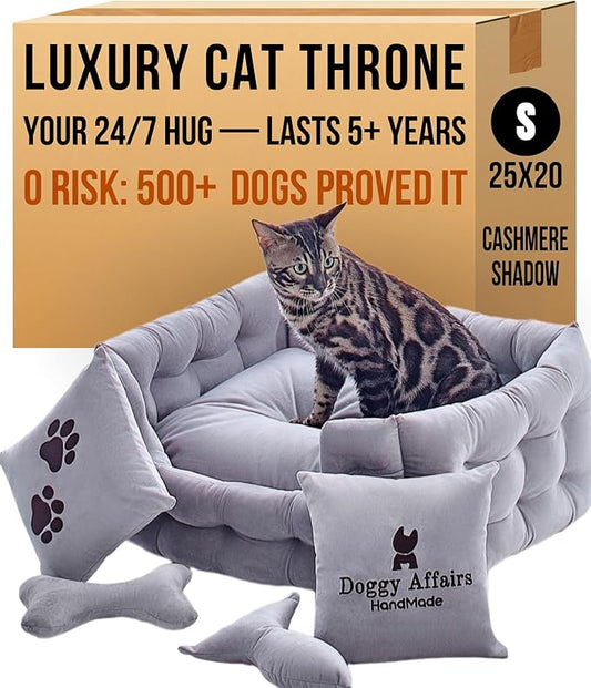 Luxury Dog Bed Chesterfield – Handcrafted Velvet Throne for Dogs | Joint Support, Calming & Temp-Regulating Comfort | Durable 5+ Years, Anti-Claw, Washable 100+ Times – Gray, Size: S