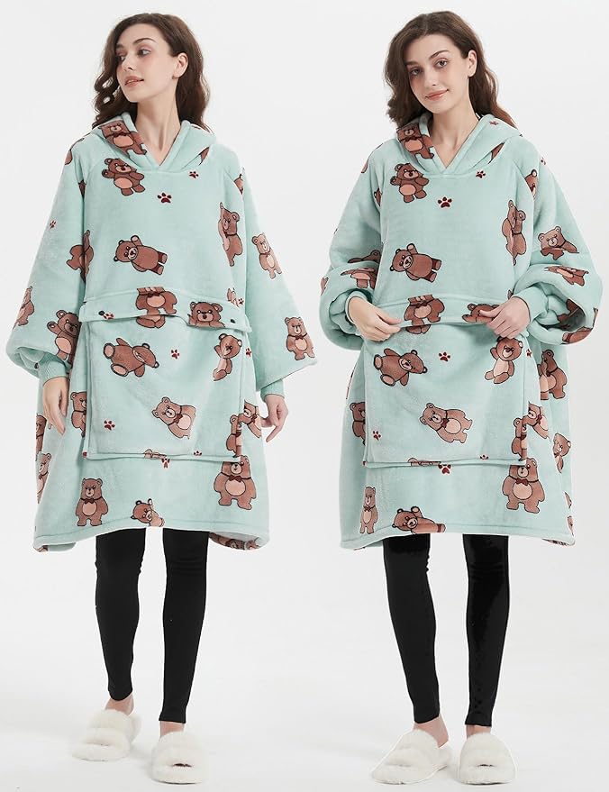 KFUBUO Wearable Blanket Hoodie for Adults Sherpa All Patterns Bear Oversized Sweatshirt Blanket with Pockets Cute Birthday Gifts for Women Green