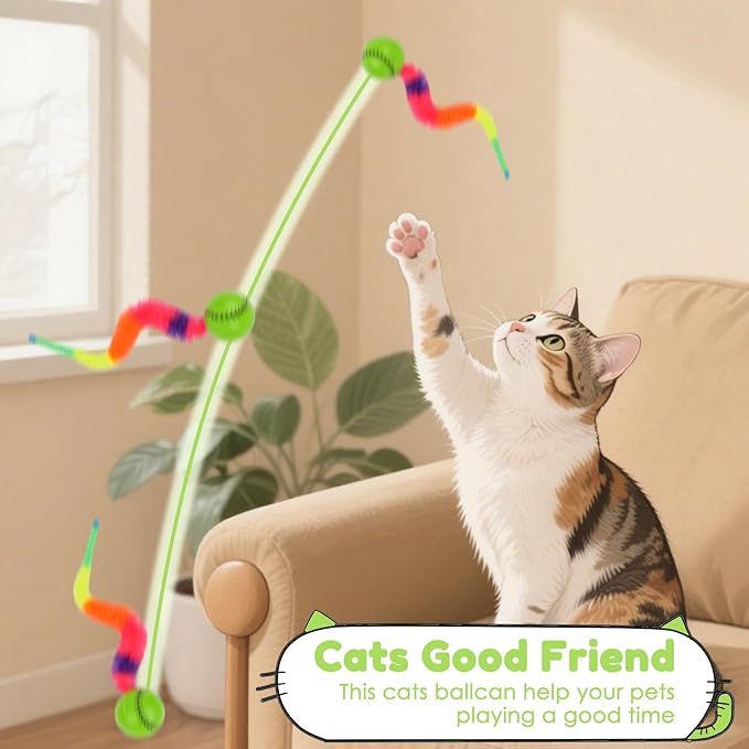 SHENGSEN Feather Wand Cat Toy,Bouncy Ball with Tail Cat Toys,Magic Worm with Large Colorful Ball Toy for Cats,Cat Feather Toys for Indoor Cats,Colorful Fuzzy Worm Bouncy Balls Cat Toy (ADM102-A-3A)