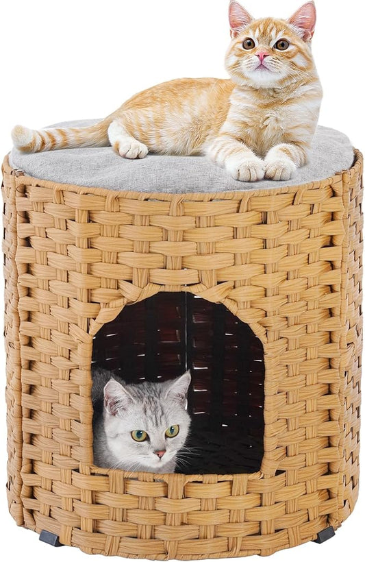 Cat House for Indoor Cat, Large Double Cat Houses Cat Bed Cave, Handwoven Rattan Pet Beds with One Soft Pad, 17 x 17 x 17 Inches Foldable Kitten Hideaway in Living Room Natural