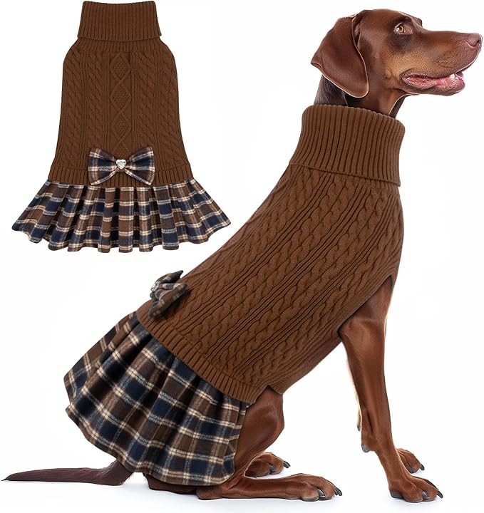 KYEESE Dog Sweater Stretchy Pet Coats Soft Pullover Dogs Clothes Thick Knitwear Pet Sweater Dress Comfy Dog Sweaters for Medium Dogs Boy Warm Turtleneck Pets Sweaters with Bowtie, Brown, XX-Large