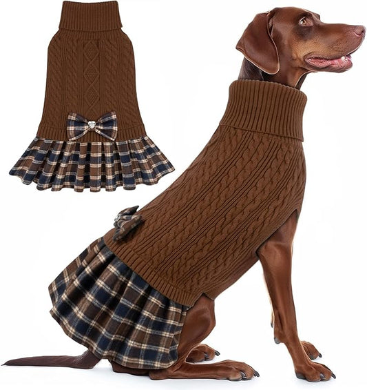 KYEESE Dog Sweater Stretchy Pet Coats Soft Pullover Dogs Clothes Thick Knitwear Pet Sweater Dress Comfy Dog Sweaters for Medium Dogs Boy Warm Turtleneck Pets Sweaters with Bowtie, Brown, XX-Large