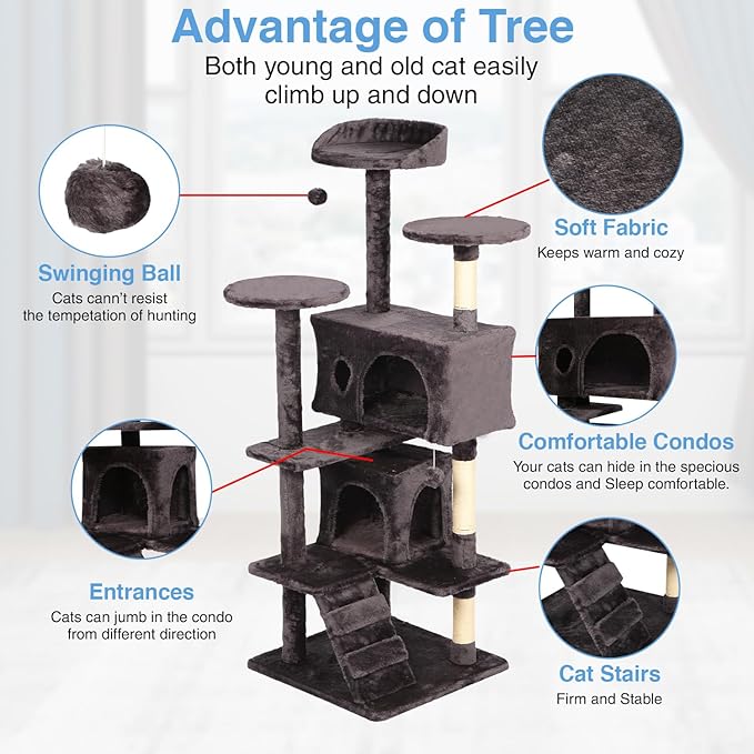 FDW Cat Tree 54in Cat Tower Multi-Level Durable Cat Scratching Post & Cozy Fun Cat Jumping Platform Space Saving Cat Condo Pet Play House for Indoor Cats,Purple Gray
