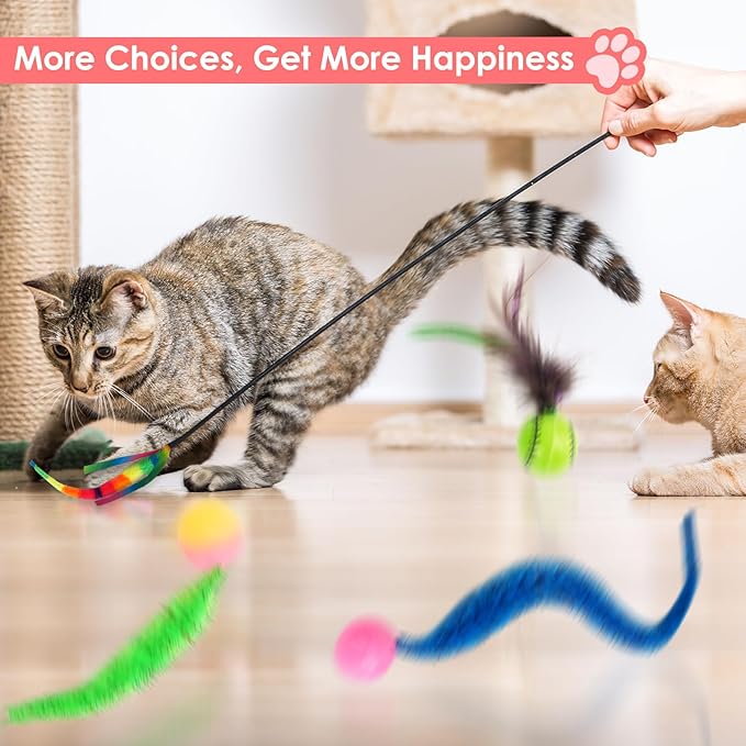 SHENGSEN Feather Wand Cat Toy，Bouncy Ball with Tail Cat Toys，Magic Worm with Large Colorful Ball Toy for Cats，Cat Feather Toys for Indoor Cats,Colorful Fuzzy Worm Bouncy Balls Cat Toy