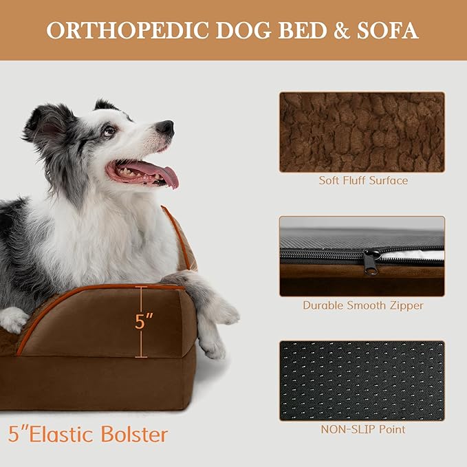 Comfort Expression Orthopedic Dog Bed for Large Dogs 36x27 Inch, Waterproof Supportive Egg Crate Foam Large Pet Bed with Removable Bolsters, Dog Couch with Washable Cover & Non-Slip Bottom, Dark Brown