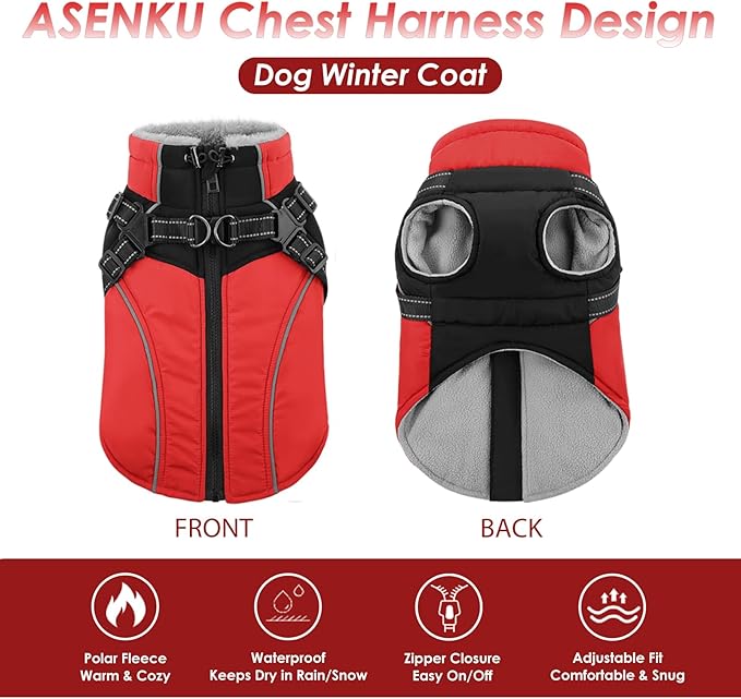 ASENKU Reflective Dog Coat with Built-in Harness, Windproof Fleece-Lined Dog Jacket for Small, Medium, Large Dogs, Warm Winter Vest with Turtleneck & Zipper (Red 3XL)