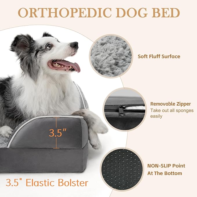 Comfort Expression Orthopedic Dog Bed for Small Dogs 24x16 Inch, Waterproof Supportive Egg Crate Foam Small Pet Bed with Removable Bolsters, Dog Couch with Washable Cover & Non-Slip Bottom, Grey