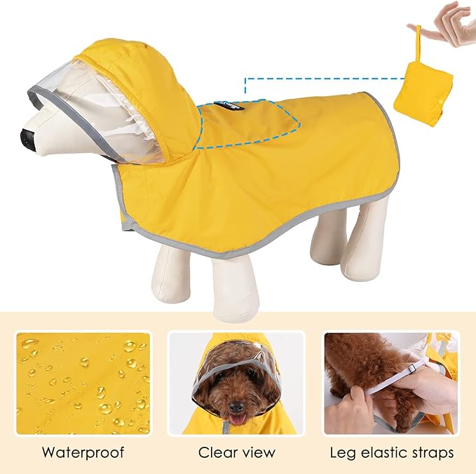 SlowTon Dog Raincoat, Adjustable Dog Rain Jacket Clear Hooded Double Layer, Waterproof Poncho with Reflective Strip Straps and Storage Pocket for Small Medium Large Dogs(XXL)