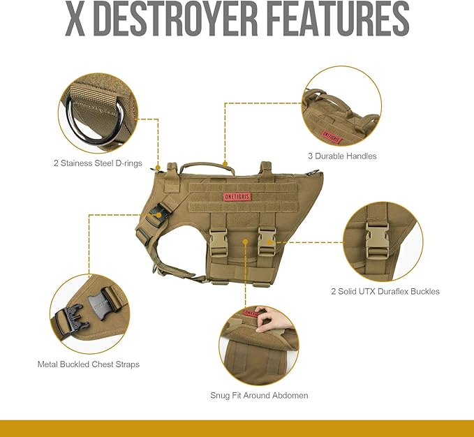OneTigris Large Tactical Dog Harness, No Pulling Adjustable Dog Vest Harness, Heavy Duty Dog Harness with Handle, Large Hook and Loop Panels for Patch Brown