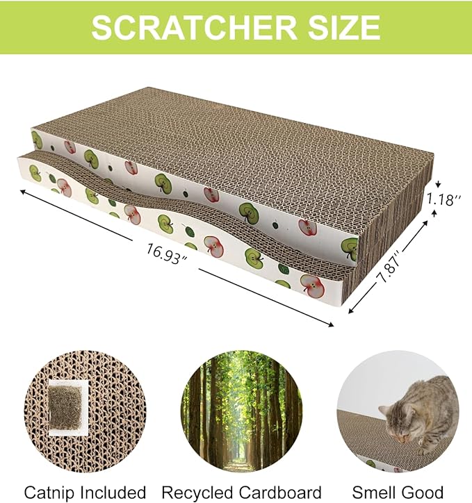 Cat Scratching Board, Corrugate Cat Scratcher for Indoor Cats with Catnip, Cat Scratch Pad with Premium Scratch Textures Design, Cardboard Cat Scratcher with Double-Sided Usability (Pack of 2)
