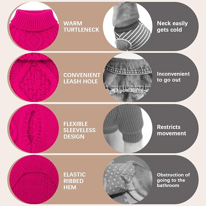 BINGPET Thermal Knitted Dog Sweater for Small Medium Large Dogs,Winter Dog Cat Coat Warm Sweartershirts Outfits,Classic Cable Knit Turtleneck Pullover Dog Jumper Coat Warm Sweartershirts(Rosered,S)