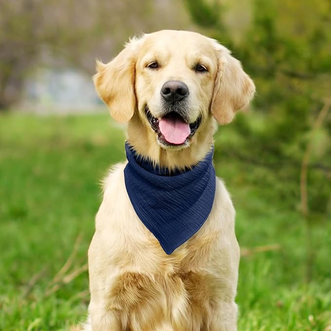 Soft Cotton Pet Scarf with Adjustable Button - Solid Color Dog Bandanas,Navy,Large