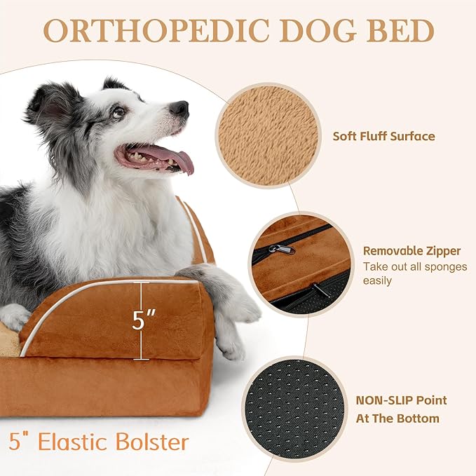 Comfort Expression Orthopedic Dog Bed for Extra Large Dogs 53x42 Inch, Waterproof Supportive Egg Crate Foam XXL Pet Bed with Removable Bolsters, Dog Couch with Washable Cover & Non-Slip Bottom, Orange