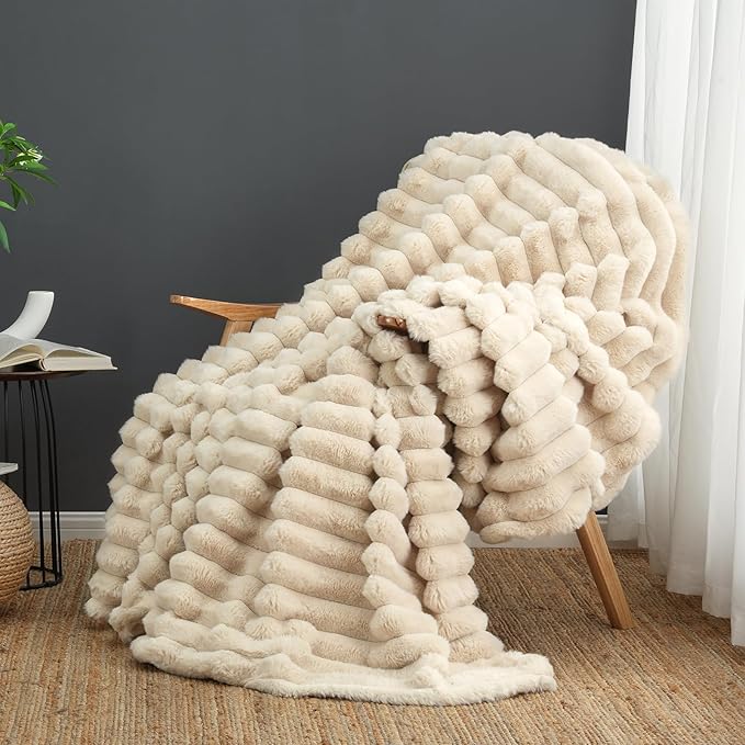 Cozy Bliss Faux Fur Throw Blanket for Couch, Cozy Warm Plush Striped Blanket for Sofa Bedroom Living Room, 90 * 90 Inches Beige