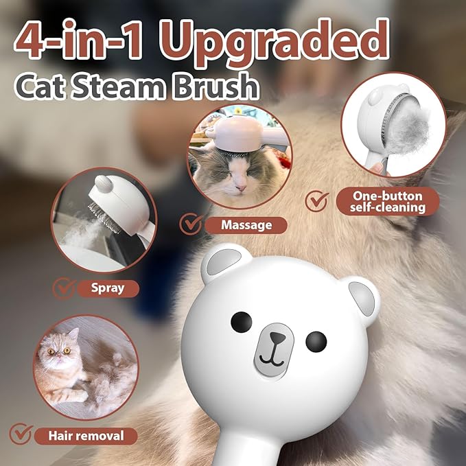 Cat Steam Brush with 2 Spray Levels & Release Button, 4-in-1 IPX7 Waterproof Water Brush for Shedding Grooming, Pet Hair Removal Comb for Long Short Haired Cats Dogs, Self Cleaning Slicker