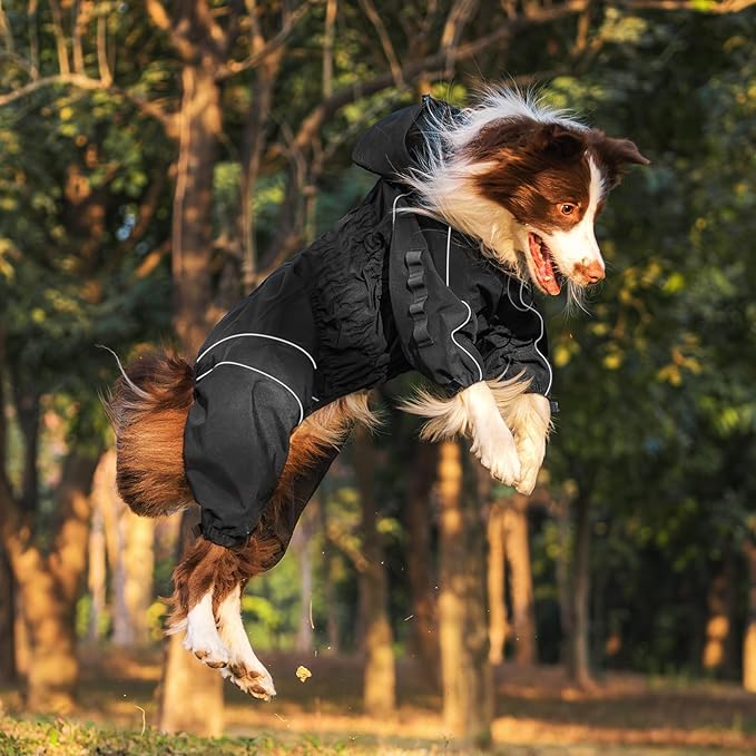 OneTigris Dog Raincoat with Hood for Medium Large Dogs, Waterproof & Reflective, 4 Legs Dog Rain Jacket Adjustable Puppy Poncho for The Rain and Snow (Black, Large)
