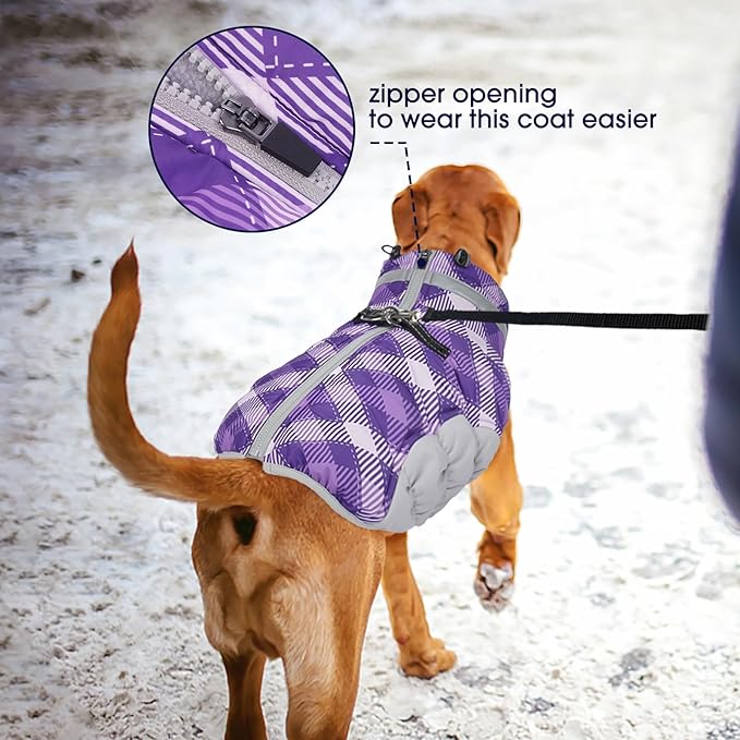 FUAMEY Dog Coat for Small Dogs,Waterproof Dog Winter Jacket with Harness Built in Puppy Cold Weather Coats Reflective Pet Vest with Zipper Warm Fleece Dogs Snowsuit Windproof Purple Plaid XS