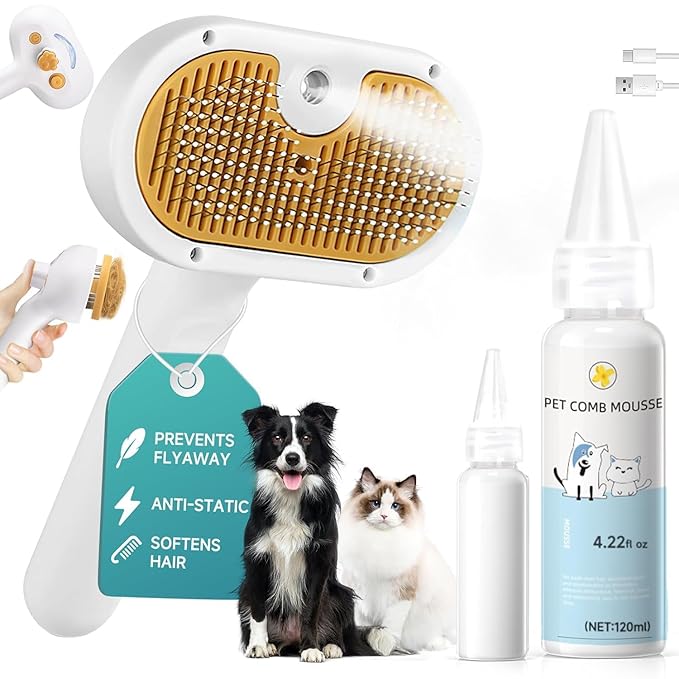 Pet Steam Brush Dog Cat 2025 New Grooming Comb for Shedding, Floating Hair, Smooth & Detangling, Gentle Cool Mist Softens Hair Reduces Static Helps Pets Who Dislike Bathing,Includes Waterless Shampoo