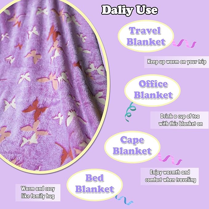 Best Gift Halloween Butterfly Glow in The Dark Throw Blanket with Storage Bag, Best Gift Soft Throw Blanket for Girls Boys, Camping Blanket, Gifts for Children Ages 1-10, Kids Blanket, Purple
