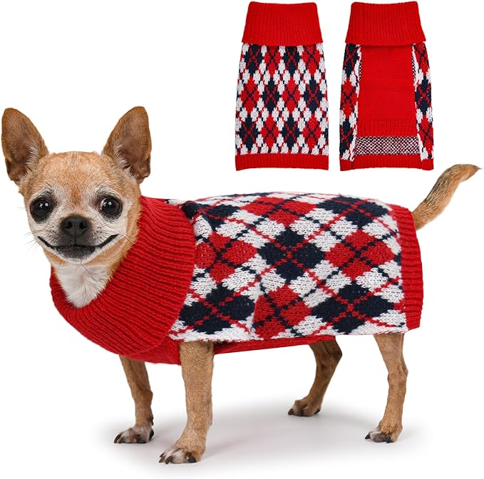 Dog Sweater for Small Dogs Plaid Checkered Knit Turtleneck Pullover Winter Clothes Boys Girls Stretch Puppy Doggie Chihuahua Yorkie Toy Poodle Pomeranian Christmas Pet S