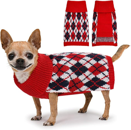 Dog Sweater for Small Dogs Plaid Checkered Knit Turtleneck Pullover Winter Clothes Boys Girls Stretch Puppy Doggie Chihuahua Yorkie Toy Poodle Pomeranian Christmas Pet XS