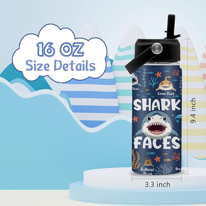 Shark Gifts, 16 oz Water Bottle with Straw Lid, Stainless Steel Insulated Tumbler, Cute Shark Water Bottles for Shark Lovers, Ocean Animals Lovers Gifts Cups