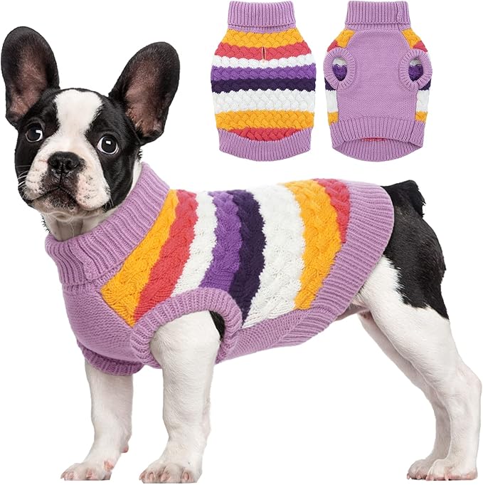 Kuoser Dog Sweater, Warm Dog Sweaters for Small Dogs Pet Christmas Clothing, Classic Cable Knitwear Cold Weather Thermal Pullover for Pug Dachshund Yorkie, Soft Puppy Turtleneck Sweatshirt, Purple S