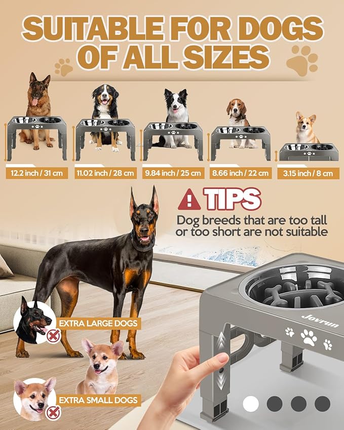 Elevated Dog Bowls, Dog Feeder with 2 Stainless Steel Dishes &1 Slow Feeder Bowl, 5 Heights Adjustable Raised Stand for Medium Large, Food Dishes with Non-Slip Feet