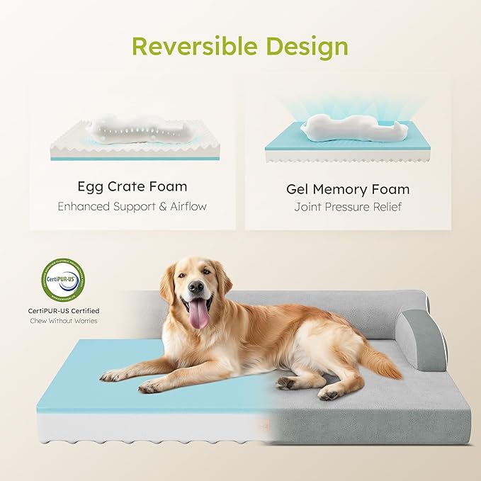 Large Orthopedic Dog Bed, Pet Bed Large Size Dog, Dual-Sided Cooling Beds with Memory Foam Washable Cover Nonslip Bottom, Waterproof Pet Beds with Bolsters, Light Grey