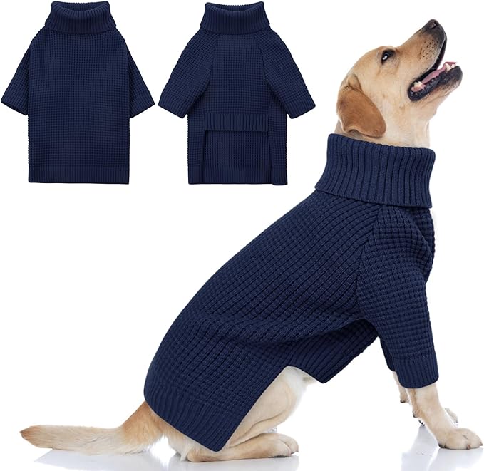Queenmore XXL Dog Sweater, Large Paild Dog Sweaters, Turtleneck Pet Sweaters for Large Breeds, Cold Weather Doggie Clothes, Navy Blue 2XL
